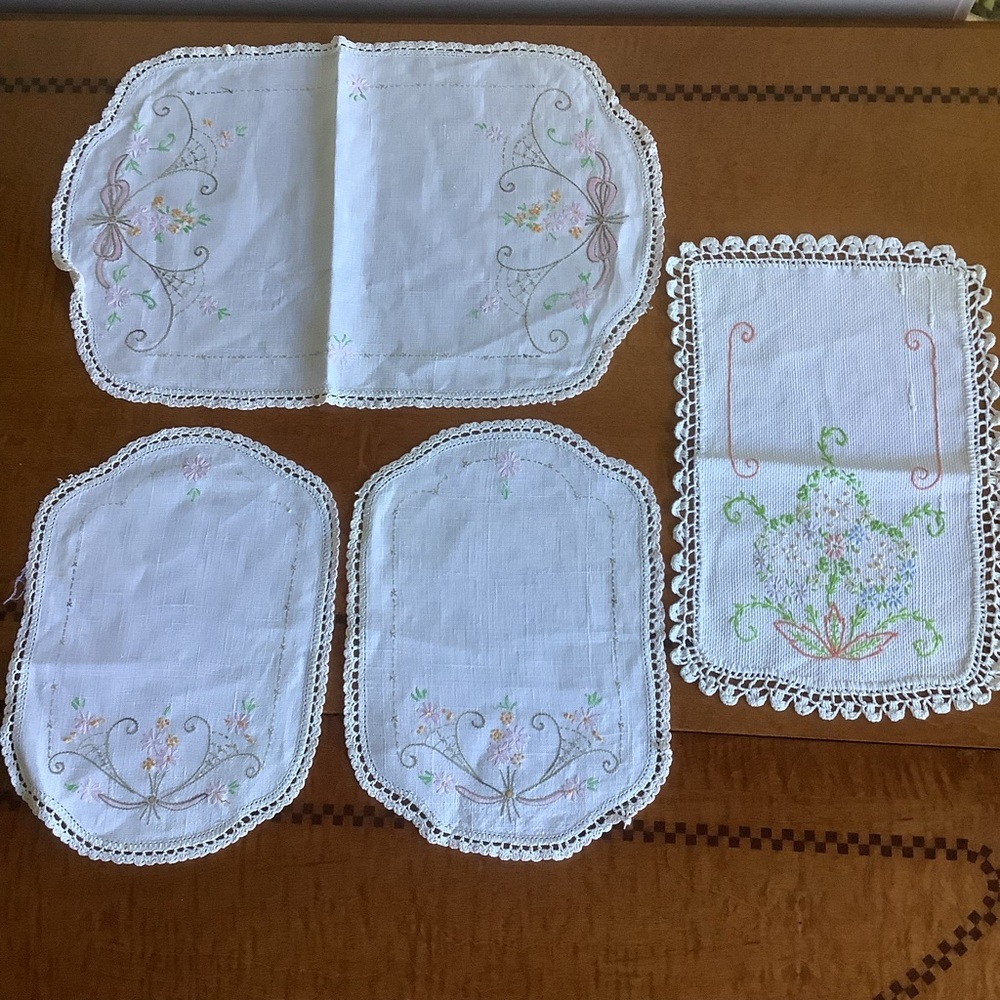 Four Vintage Hand Embroidered Table/ Dresser Scarves